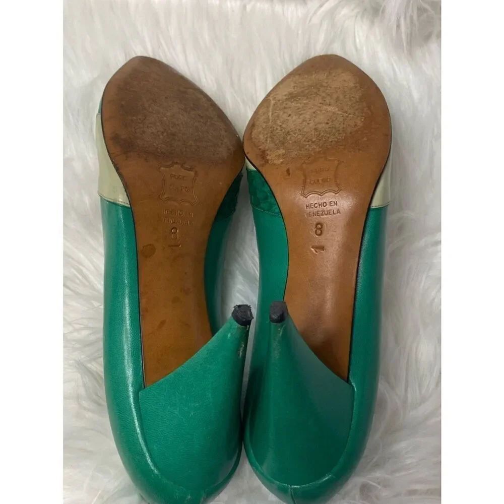 🛍️ Dior (from 1953-63) Authentic Emerald Green, Cream & Gold Color-block Pumps - Picture 15 of 16